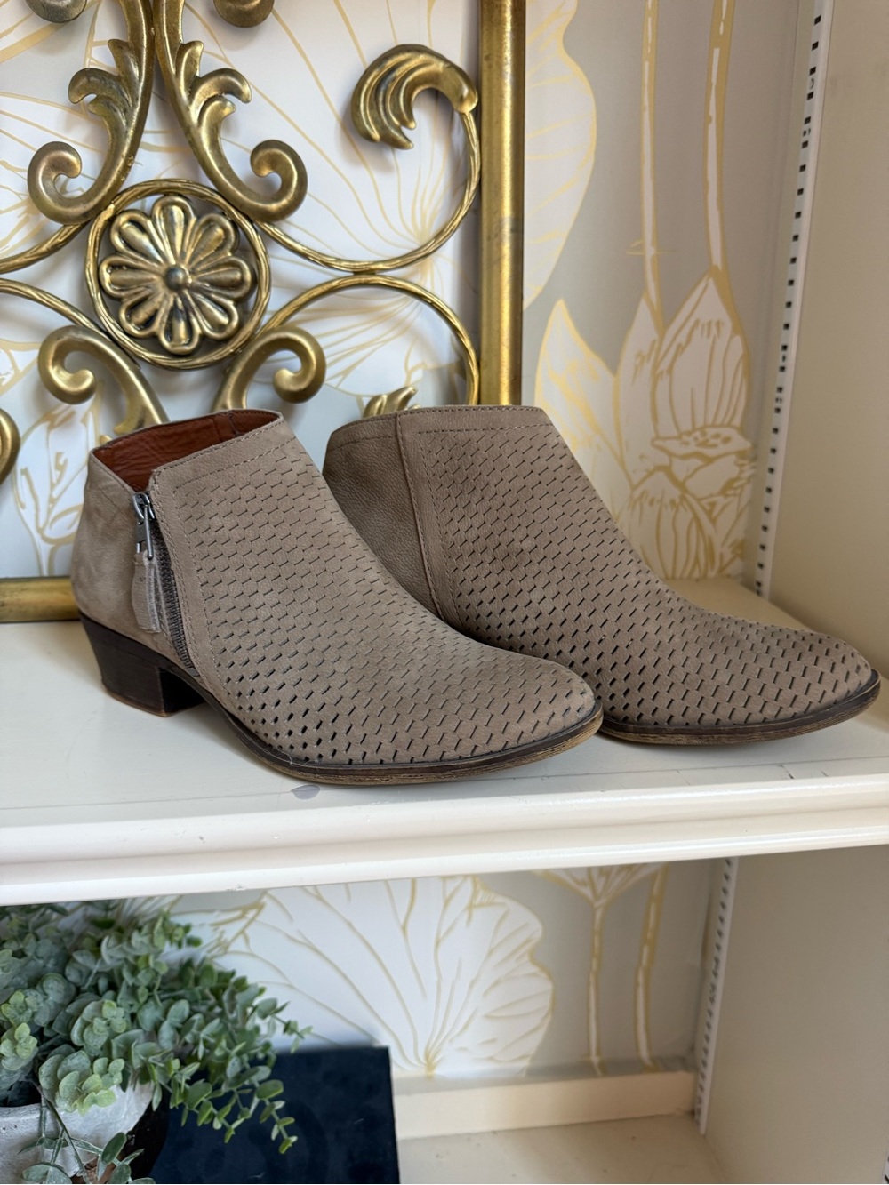 Lucky Brand Taupe Perforated Suede Ankle Booties